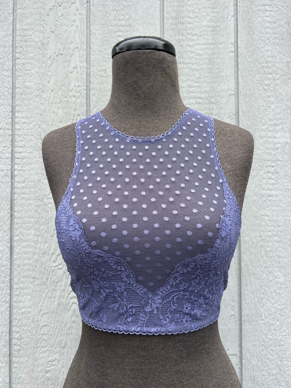 Victoria's Secret Sheer Mesh & Lace Dot High Neck Bralette in Blue, S